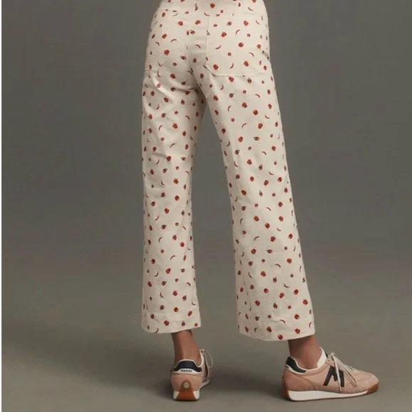 Maeve Cream Cropped Wide-Leg Pants with Red pepper print. - Picture 2 of 6